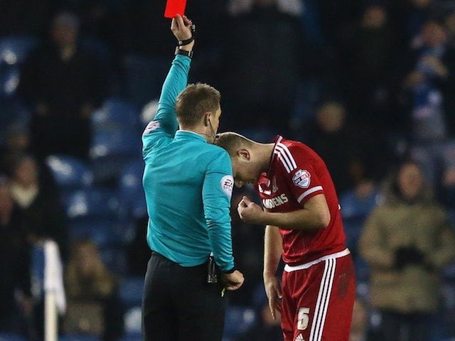 Naughty boy Ben Gibson sees red during the Championship game between Leeds United and Middlesbrough on February 15, 2016