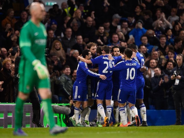 Chelsea teammates celebrate during the FA Cup game between Chelsea and Manchester City on February 20, 2016