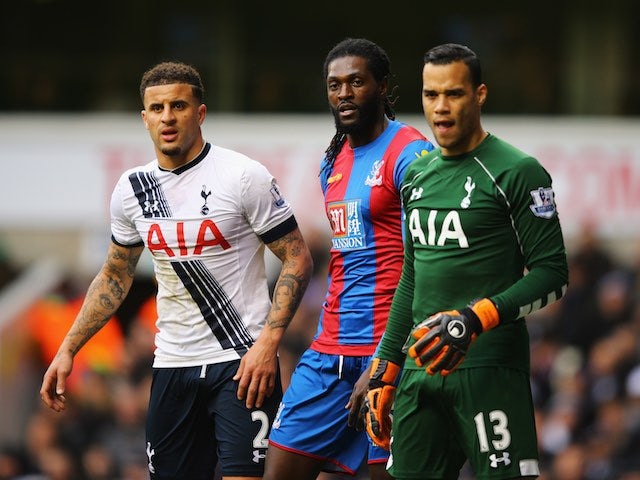 Emmanuel Adebayor, Kyle Walker and Michel Vorm in action during the FA Cup game between Tottenham Hotspur and Crystal Palace on February 20, 2016