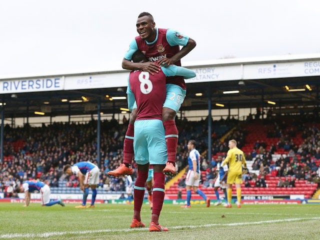 Emmanuel Emenike celebrates scoring during the FA Cup game between Blackburn Rovers and West Ham United on February 20, 2016