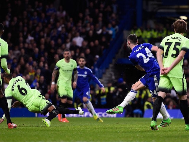 Gary Cahill scores during the FA Cup game between Chelsea and Manchester City on February 20, 2016