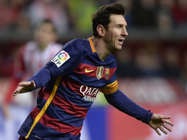 Barcelona's Lionel Messi celebrates after scoring a goal during the La Liga match against Sporting Gijon on February 17, 2016
