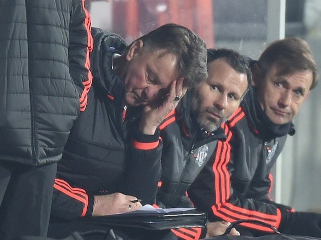 Louis van Gaal looks distraught during the Europa League game between FC Midjtylland and Manchester United on February 18, 2016