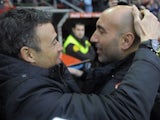 Managers Luis Enrique and Abelardo before the La Liga match between Sporting Gijon and Barcelona on February 17, 2016