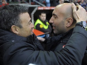 Managers Luis Enrique and Abelardo before the La Liga match between Sporting Gijon and Barcelona on February 17, 2016