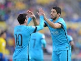 Luis Suarez and Lionel Messi celebrate during the La Liga game between Las Palmas and Barcelona on February 20, 2016