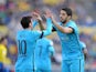 Luis Suarez and Lionel Messi celebrate during the La Liga game between Las Palmas and Barcelona on February 20, 2016