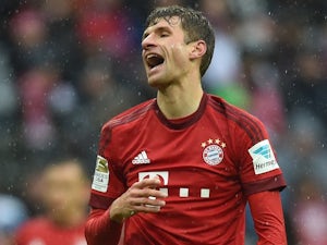 Thomas Muller celebrates scoring during the Bundesliga game between Bayern Munich and Darmstadt on February 20, 2016