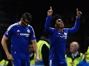 Willian celebrates scoring during the FA Cup game between Chelsea and Manchester City on February 20, 2016