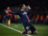 Zlatan Ibrahimovic celebrates scoring during the Champions League encounter between Paris Saint-Germain and Chelsea on February 16, 2016