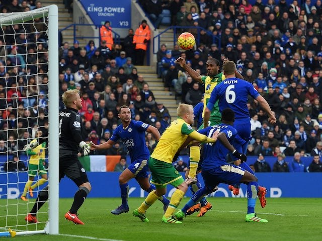 Cameron Jerome makes an attempt during the Premier League game between Leicester City and Norwich City on February 27, 2016