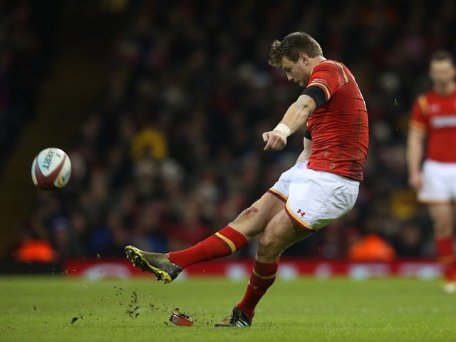 Dan Biggar of Wales kicks at goal during the RBS Six Nations against France at the Principality Stadium on February 26, 2016