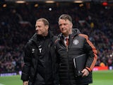 Jess Thorup and Louis van Gaal prior to the Europa League game between Manchester United and FC Midtjylland on February 25, 2016