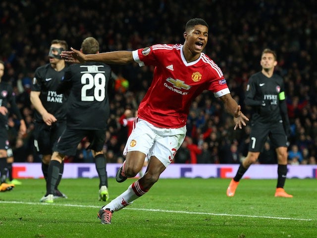 Marcus Rashford celebrates scoring the third during the Europa League game between Manchester United and FC Midtjylland on February 25, 2016