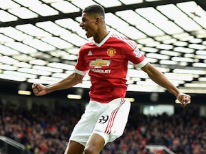 Marcus Rashford celebrates scoring during the Premier League game between Manchester United and Arsenal on February 28, 2016