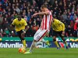 Marko Arnautovic of Stoke City converts a penalty kick against Aston Villa at Britannia Stadium on February 27, 2016