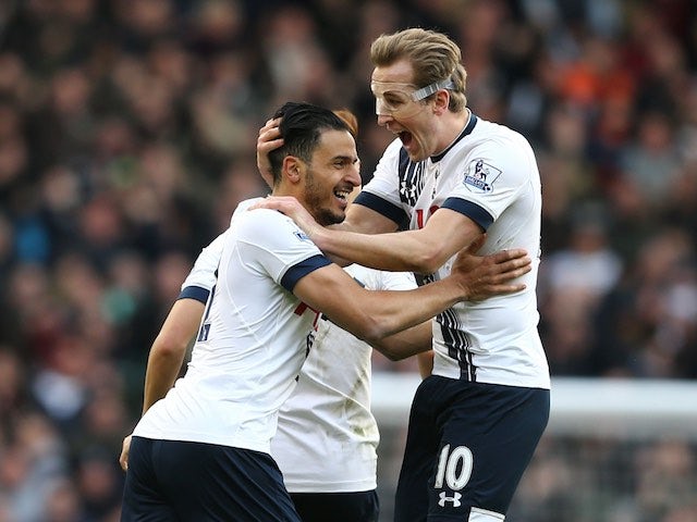 Nacer Chadli celebrates with Harry Kane during the Premier League game between Tottenham Hotspur and Swansea City on February 28, 2016