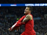 Philippe Coutinho celebrates scoring during the League Cup final between Liverpool and Manchester City on February 28, 2016