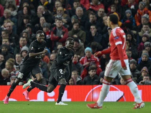 Pione Sisto celebrates scoring during the Europa League game between Manchester United and FC Midtjylland on February 25, 2016