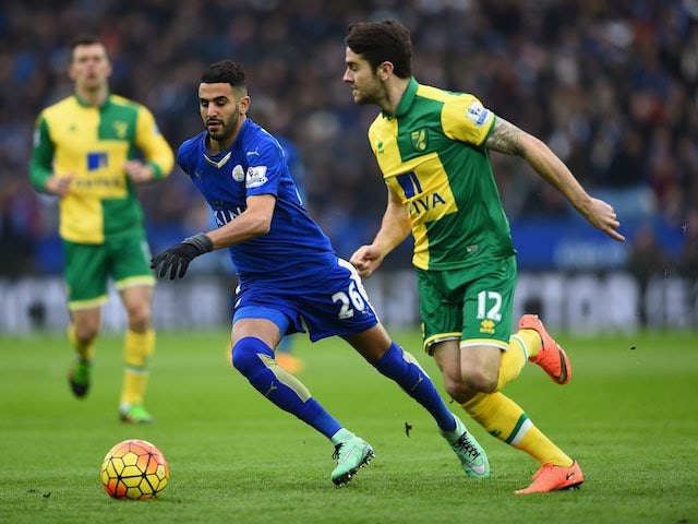 Riyad Mahrez and Robbie Brady in action during the Premier League game between Leicester City and Norwich City on February 27, 2016
