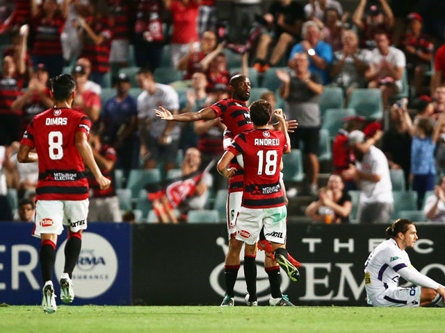 Romeo Castelen celebrates after scoring a goal in the match between the Western Sydney Wanderers and Perth Glory on February 26, 2016 