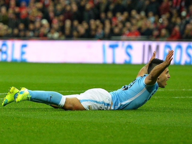 Sergio Aguero appeals for a penalty during the League Cup final between Liverpool and Manchester City on February 28, 2016