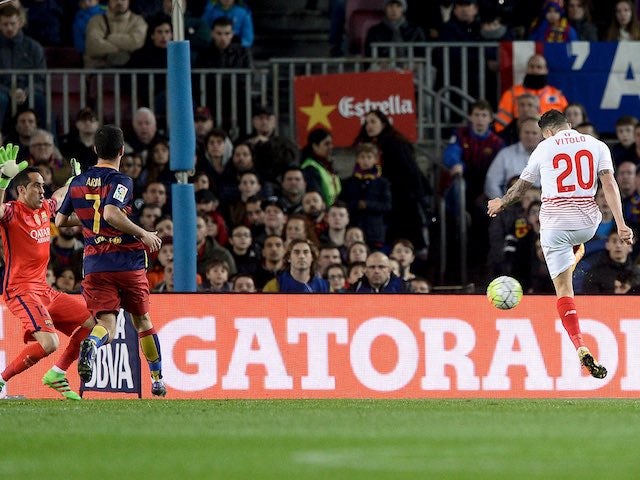 Vitolo scores during the La Liga game between Barcelona and Sevilla on February 28, 2016