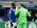 Adrian squares up to Romelu Lukaku during the Premier League game between Everton and West Ham United on March 5, 2016