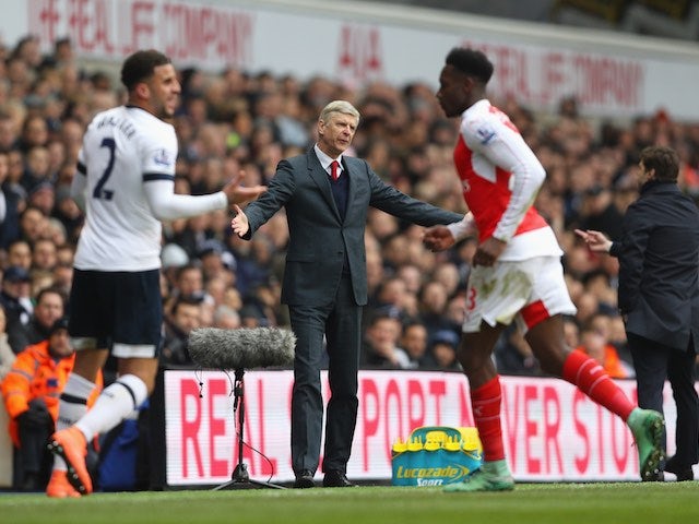 Arsene Wenger complains during the Premier League game between Tottenham Hotspur and Arsenal on March 5, 2016