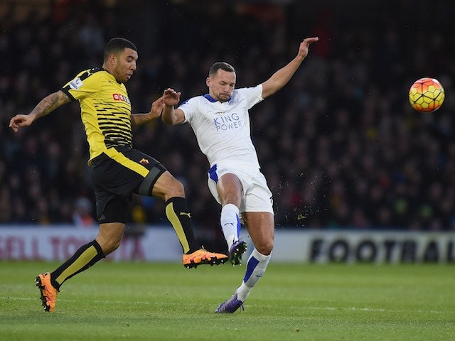 Danny Drinkwater and Troy Deeney in action during the Premier League game between Watford and Leicester City on March 5, 2016