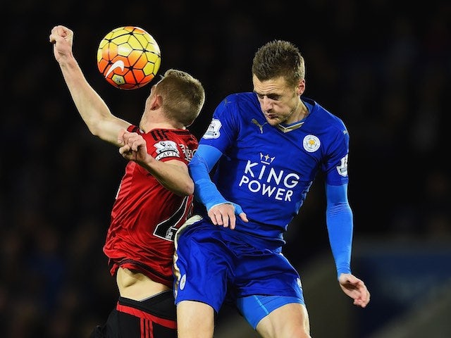 Darren Fletcher and Jamie Vardy in action during the Premier League game between Leicester City and West Bromwich Albion on March 1, 2016