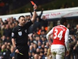 Francis Coquelin sees red during the Premier League game between Tottenham Hotspur and Arsenal on March 5, 2016