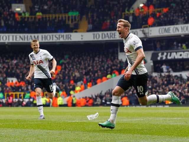 Harry Kane celebrates scoring during the Premier League game between Tottenham Hotspur and Arsenal on March 5, 2016