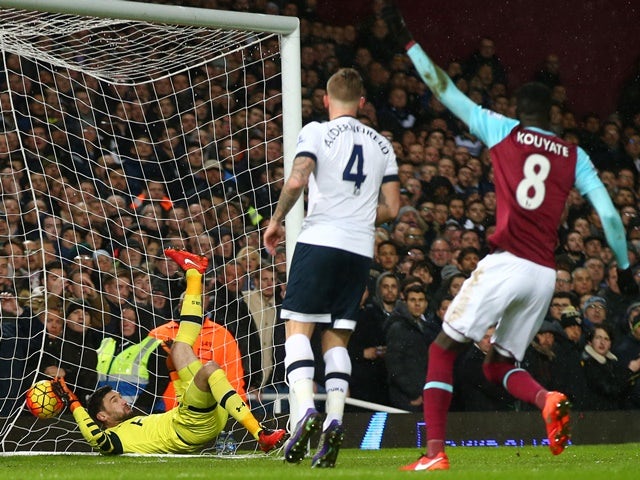 Hugo Lloris is beaten by Michail Antonio for the opening goal during the Premier League match between West Ham United and Tottenham Hotspur at Boleyn Ground on March 2, 2016