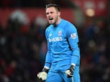 Jack Butland celebrates the opener during the Premier League game between Stoke City and Newcastle United on March 2, 2016