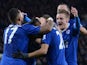 Jamie Vardy celebrates with Andy King during the Premier League game between Leicester City and West Bromwich Albion on March 1, 2016