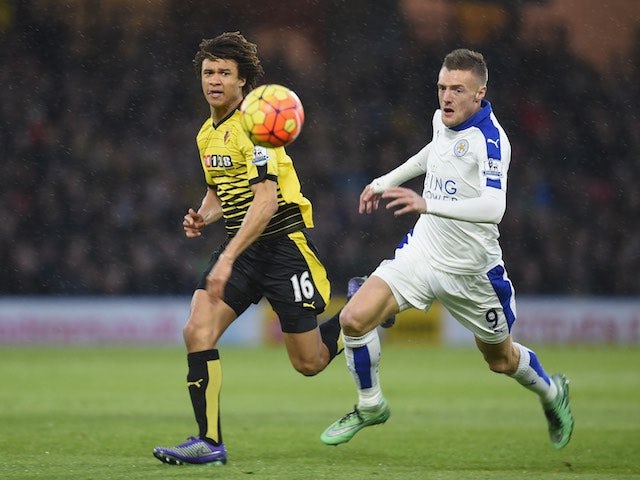 Jamie 'all natural' Vardy and Nathan Ake in action during the Premier League game between Watford and Leicester City on March 5, 2016