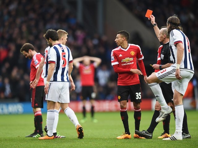 Juan Mata sees red during the Premier League game between West Bromwich Albion and Manchester United on March 6, 2016