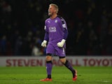 Kasper Schmeichel celebrates at the end of the Premier League game between Watford and Leicester City on March 5, 2016