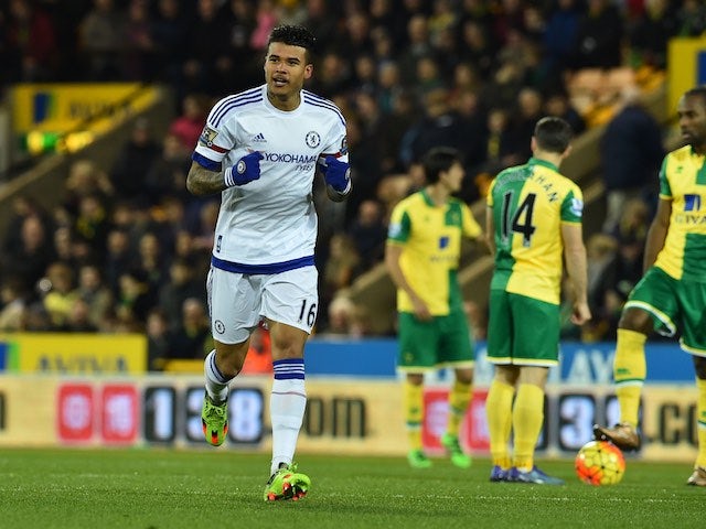 Kenedy celebrates scoring during the Premier League game between Norwich City and Chelsea on March 1, 2016