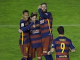 Lionel Messi celebrates with Neymar, Luis Suarez and Gerard 'ereccion' Pique during the La Liga game between Rayo Vallecano and Barcelona on March 3, 2016