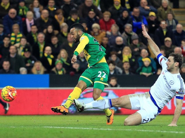 Nathan Redmond pulls one back for the Canaries during the Premier League game between Norwich City and Chelsea on March 1, 2016