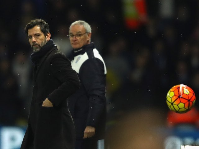 Quique Flores and Claudio Ranieri track the ball during the Premier League game between Watford and Leicester City on March 5, 2016