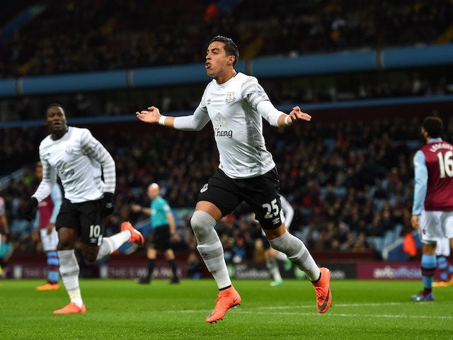 Ramiro Funes Mori celebrates scoring during the Premier League game between Aston Villa and Everton on March 1, 2016