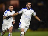 Riyad Mahrez celebrates finding the opener during the Premier League game between Watford and Leicester City on March 5, 2016