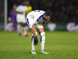 Riyad Mahrez picks up an injury during the Premier League game between Watford and Leicester City on March 5, 2016