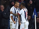 Salomon Rondon celebrates with Saido Berahino after finding the opener during the Premier League game between West Bromwich Albion and Manchester United on March 6, 2016