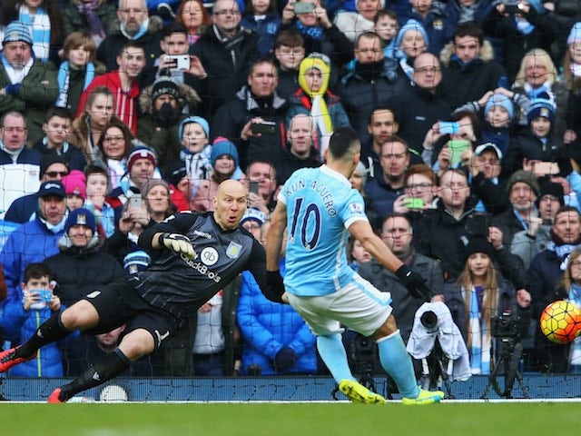 Sergio Aguero misses a penalty during the Premier League game between Manchester City and Aston Villa on March 5, 2016
