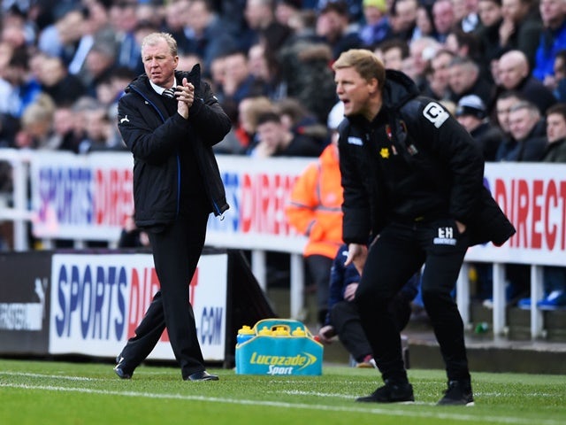 Steve McClaren and Eddie Howe look on during the Premier League match between Newcastle United and Bournemouth at St James' Park on March 5, 2016