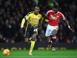 Timothy Fosu-Mensah of Manchester United and Odion Ighalo of Watford battle for the ball on March 2, 2016